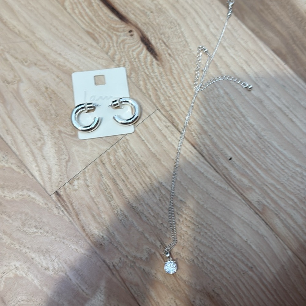 I am Silver Hoop Earrings and Cz Necklace set New